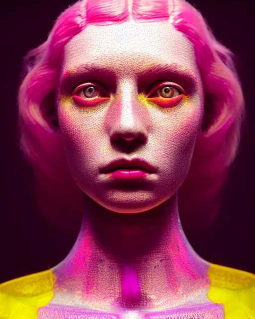 Prompt: hyperrealist highly intricate post-gothic portrait pink pearlescent exoskeleton beautiful goddess concept art pascal blanche key sage dramatic yellow lighting 8k high angle shallow depth of field