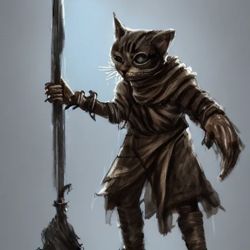 Image similar to dirty homeless humanoid cat wearing rags, wielding a broadsword, concept art, d & d, fantasy, trending on artstation