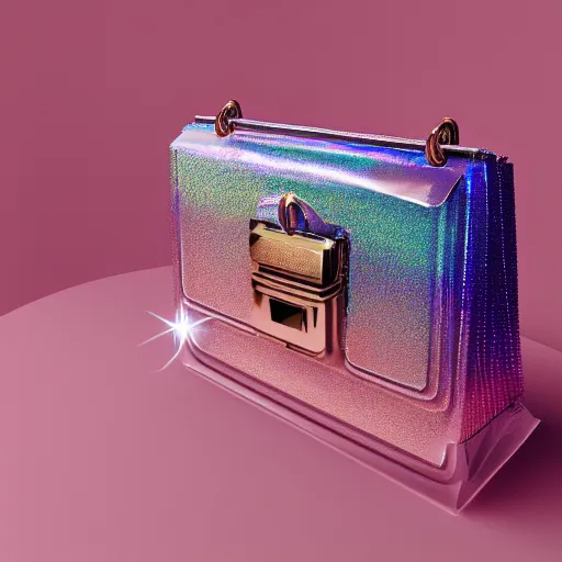 Prompt: a cristal designer bag, iridescent color, fashion shooting, photorealistic, fantasy, artstation, studio photo