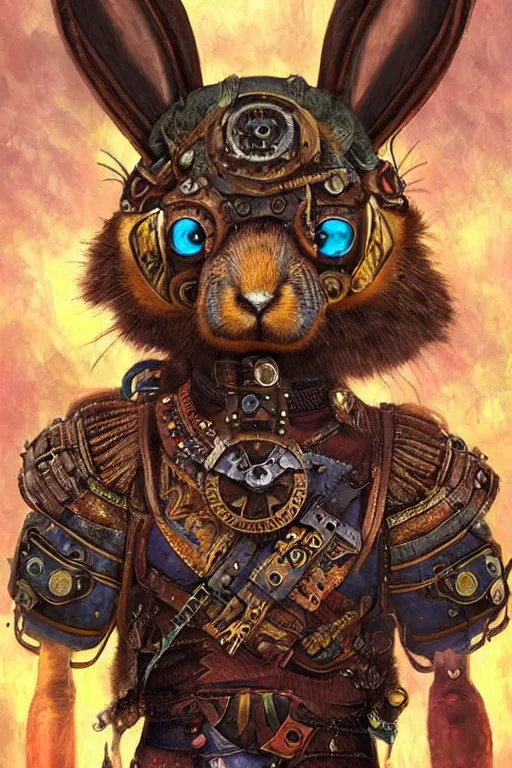 Prompt: ultra realist soft painting of a steampunk rabbit berserker warrior, very intricate details, rainbow lighting, symmetry features