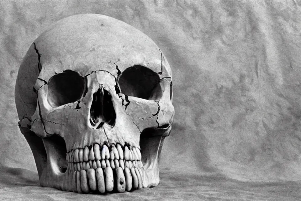 Prompt: archaeologists have unearthed a very large human skull, 1 9 7 0's vintage photo, frosted texture.