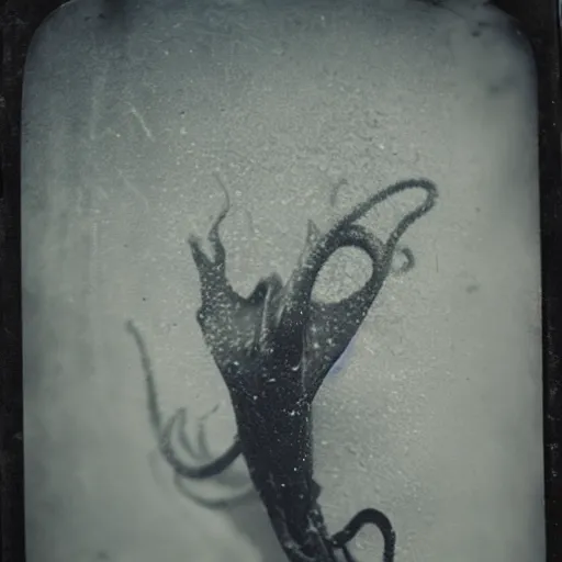 Prompt: tintype photo, swimming deep underwater, alien squid bird