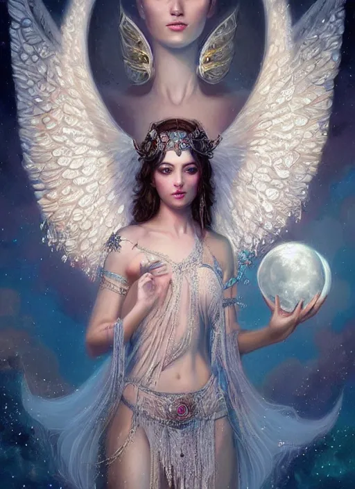 Image similar to A beautiful digital painting of a female angel full of jewels, princess, the moon behind her, intricate, cinematic lighting, highly detailed, digital painting, Artstation, concept art, smooth, sharp focus, illustration, art by Tom Bagshaw, Artgerm and Greg Rutkowski