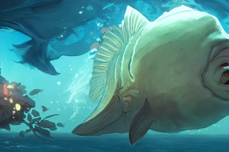 Image similar to mola mola - giant sunfish, cinematic underwater shot, smooth and sharp digital painting by greg rutkowski and alphonse mucha and rossdraws | sea creature in the style of hearthstone and overwatch, trending on artstation