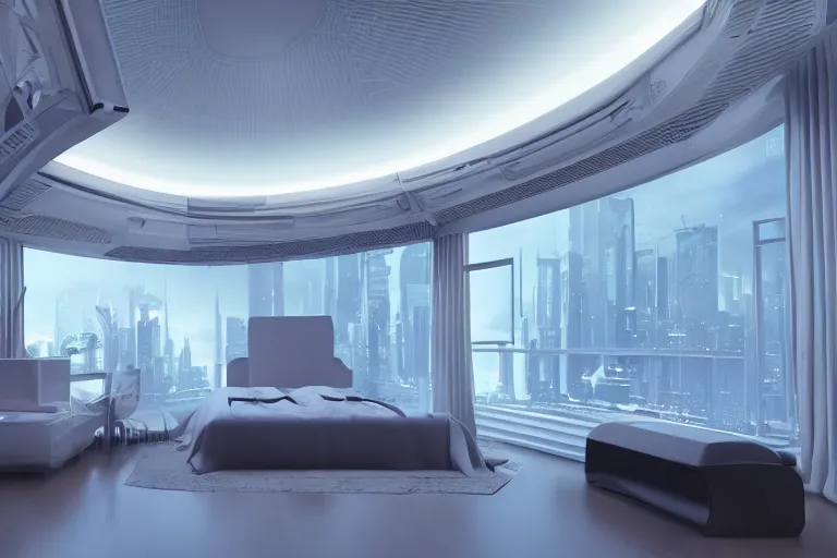 Prompt: a futuristic luxury white bedroom with curved ceiling high windows looking out to a far future cyberpunk cityscape with many flying cars, night time, neon lights, cinematic 3d render, unreal engine 5, cgsociety