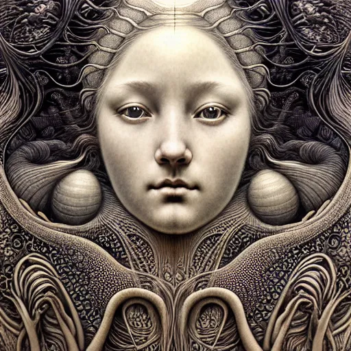 Image similar to detailed realistic beautiful moon goddess face portrait by jean delville, gustave dore, iris van herpen and marco mazzoni, art forms of nature by ernst haeckel, art nouveau, symbolist, visionary, gothic, neo - gothic, pre - raphaelite, fractal lace, intricate alien botanicals, ai biodiversity, surreality, hyperdetailed ultrasharp octane render