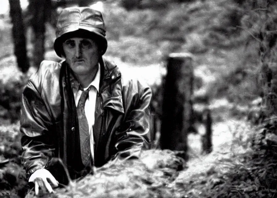 Image similar to Film still of 1980s Dennis Hopper in Twin Peaks (1990), The Black Lodge from Twin Peaks, eerie lynchian photography