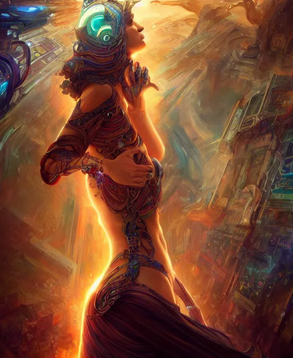 Image similar to a whirlwind of souls rushing inside the metaverse, half body, glowin eyes, tiara with sapphire, pharaoh, android, cyberpunk, d & d, fantasy, intricate, elegant, highly detailed, colorful, vivid color, digital painting, artstation, concept art, art by artgerm and greg rutkowski and alphonse mucha and ruan jia