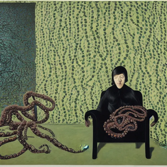 Image similar to a pathology student in her apartment, wrapped in vines, large stones, octopus, black walls, ikebana, black armchair, puddles, moss, acrylic on canvas, surrealist, by magritte and monet