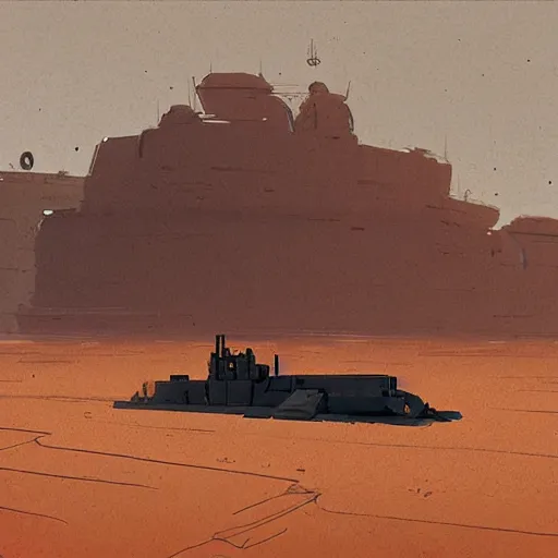 Image similar to sci-fi barge floating over a desert landscape by Ian McQue