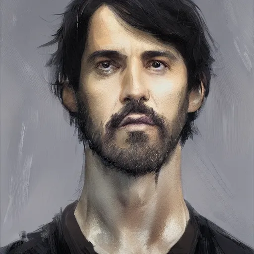 Image similar to Portrait of a man by Greg Rutkowski, he is about 40 years old, short black hair with bangs, his features are a mix between French, Turkish and Russian, dad vibes, he is wearing a white and black utility jumpsuit, highly detailed portrait, digital painting, artstation, concept art, smooth, sharp foccus ilustration, Artstation HQ.