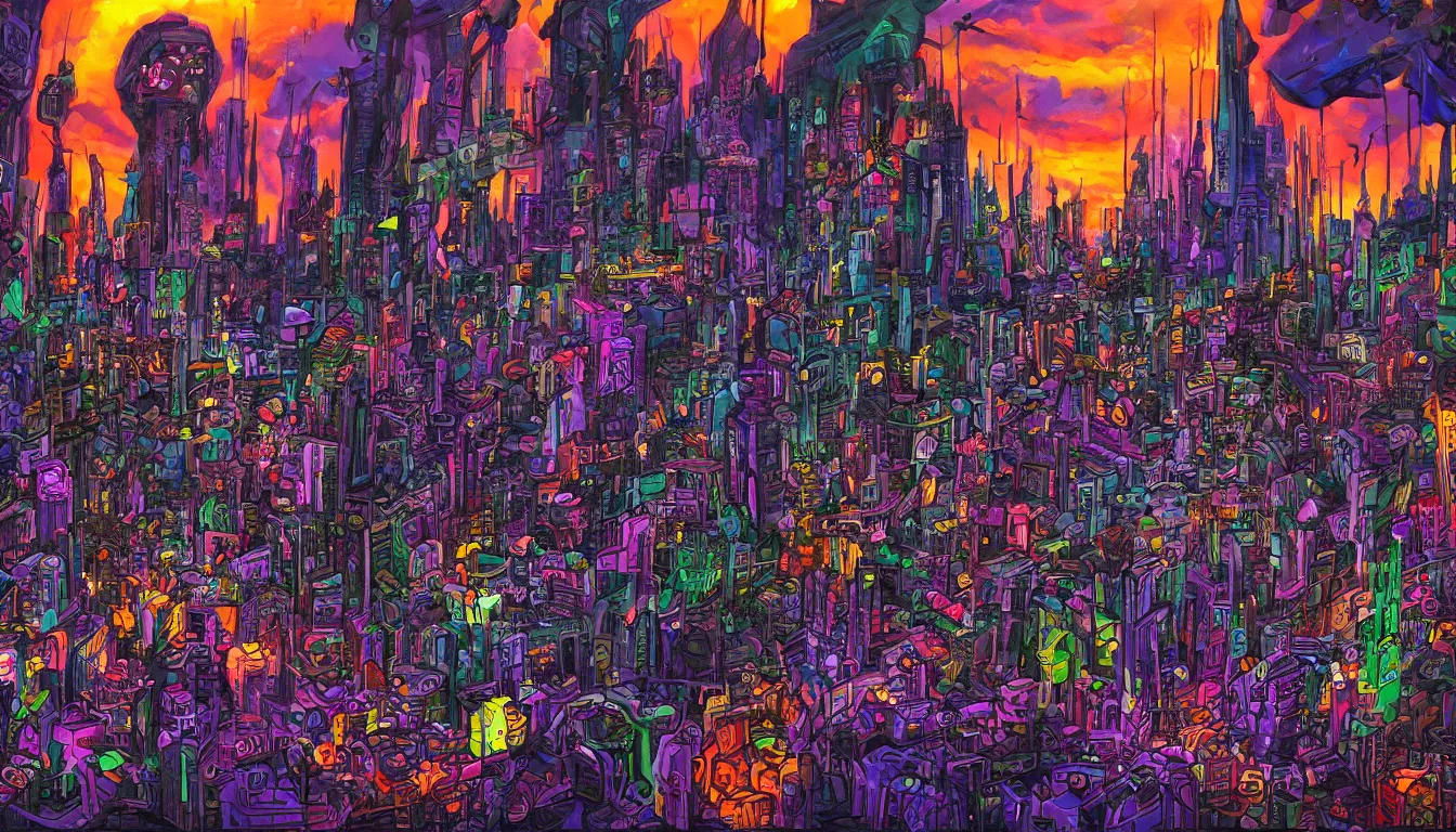 Prompt: surreal colorful nightmarish cityscape, 4k artwork by Ralph Bakshi