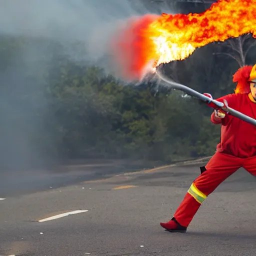 Image similar to a clown wearing firefighter clothes, using a flamethrower projecting a bright flame towards a dumpster fire