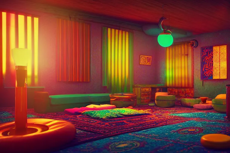 Image similar to interior of a 6 0 s hippie lounge, water pipes, lava lamps, ambient light, persian carpets, pillows, realistic, highly detailed, unreal engine, octane render,