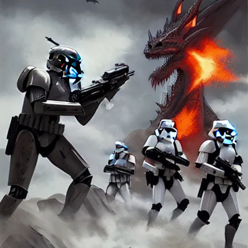 Image similar to commission of stormtroopers shooting a dragon,digital art,realistic,art by greg rutkowski,ross tran,trevor henderson,photorealistic,hyperdetailed,cinematic shot,western comic style,award winning,professional lighting