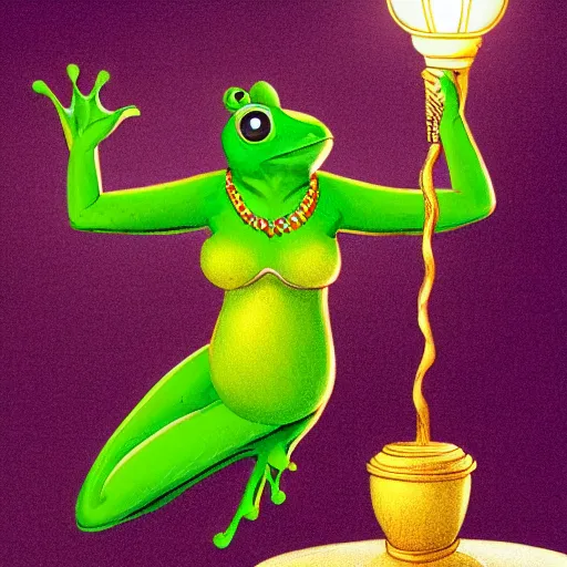 Image similar to a green frog-like genie woman rising out of a lamp, fantasy illustration