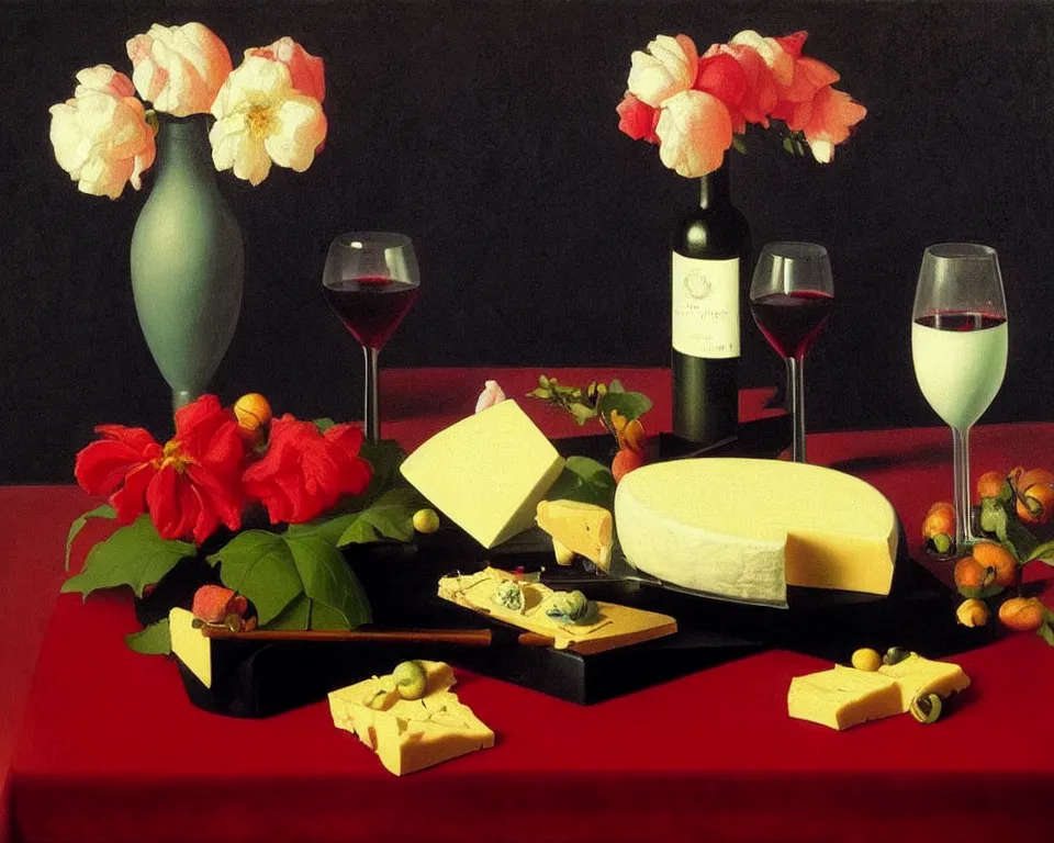 Prompt: an achingly beautiful still life featuring blooming flowers, tillamook cheese, and red wine on a table with a black background by Raphael, Hopper, and Rene Magritte. detailed, romantic, enchanting, trending on artstation.