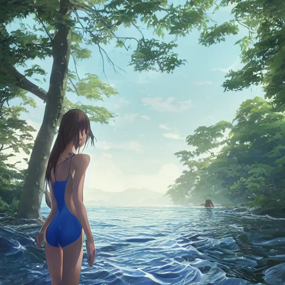 Prompt: one single girl wearing a blue full body bathing suit wading, wading weight high water, standing in a narrow river, trees bent over the river, shady, ripples, looking at the camera, front facing, inviting look, atmospheric lighting. By Makoto Shinkai, Stanley Artgerm Lau, WLOP, Rossdraws, James Jean, Andrei Riabovitchev, Marc Simonetti, krenz cushart, Sakimichan, trending on ArtStation, digital art.