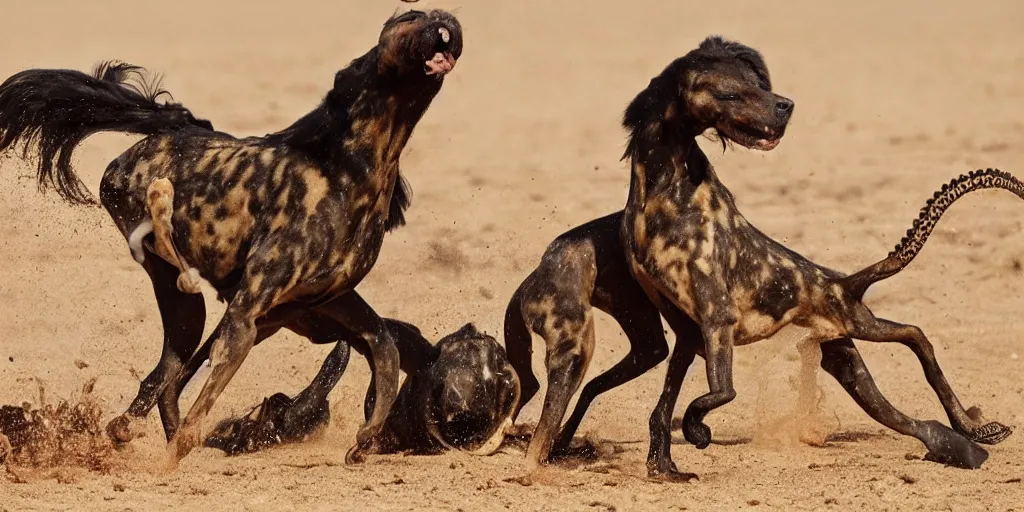 Image similar to national geographic photo of horse full of octopus being eaten by african hunting dogs