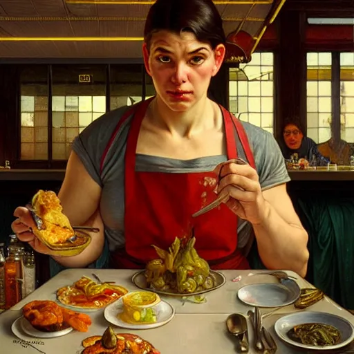 Image similar to the roman god of food, wearing a soiled apron, service short order food in a cyberpunk diner, intricate, headshot, highly detailed, digital painting, artstation, concept art, sharp focus, cinematic lighting, illustration, art by artgerm and greg rutkowski, alphonse mucha, cgsociety, edward hopper