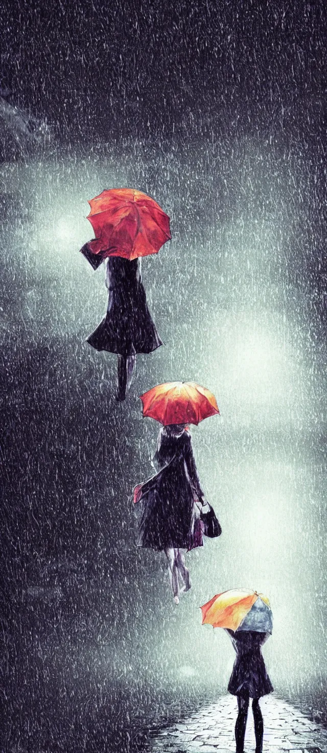 Image similar to lonely girl with umbrella on the wet road, rain, thunder, fog, night street, anime style