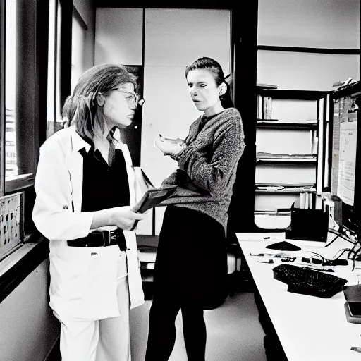 Prompt: a young beautiful senior female postdoc ribosome researcher is at her lab workspace and bombed with useless requests by a old senior professor who has no idea and cannot maintain his lab properly | highly detailed | very intricate | cinematic lightning | by helmut newton | realistic photography | film noir