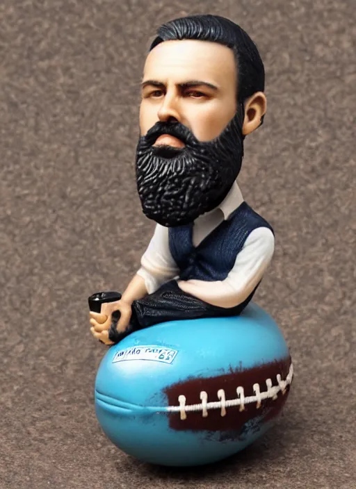 Prompt: 80mm resin detailed miniature of a bearded man, short hair, sitting on a football, pouting, Product Introduction Photos, 4K, Full body,