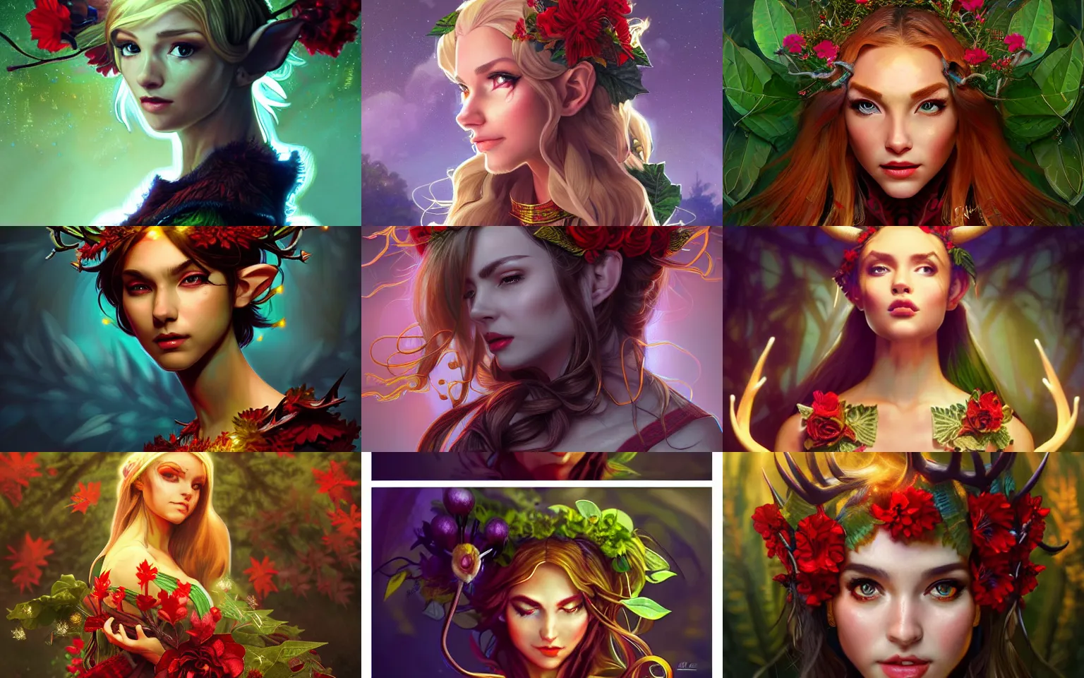 Prompt: character concept portrait, head - on centralized, elf with antlers, red flowers, glowing golden eyes. dress made of leaves. detailed, high quality, dynamic lightning, fantasy. artwork by artgerm, wlop, alex ross, greg rutknowski, alphonse mucha