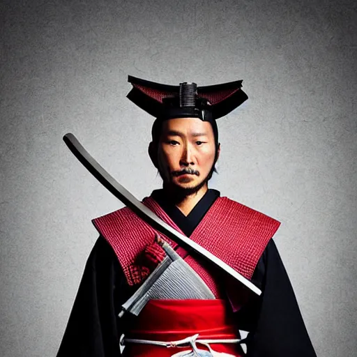 Image similar to Samurai master standing with holding sword , realistic photo illustration