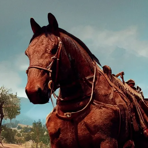 Image similar to kanye west as a horse in red dead redemption, splash art, movie still, detailed face, photorealistic facial features, cinematic lighting, dramatic, octane render, long lens, shallow depth of field, bokeh, anamorphic lens flare, 8 k, hyper detailed, 3 5 mm film grain