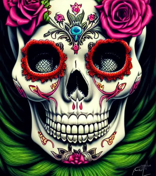 Image similar to a gorgeous fancy skull lady by dan mumford and gil elvgren, sugar skull, hyperrealism, intricate details, exceptional beauty, fool, high contrast