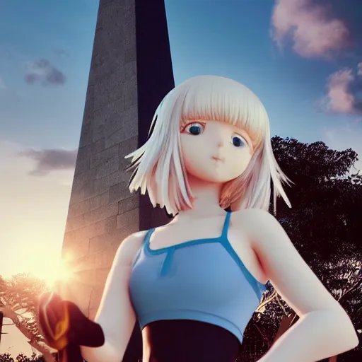 Image similar to aristocratic platinum - blonde - haired bob cut blue - eyed princess wearing white leggings and black jacket, standing next to communist monument, anime, hd anime wallpaper, hyperrealistic lighting, octane render, drawn by artgerm