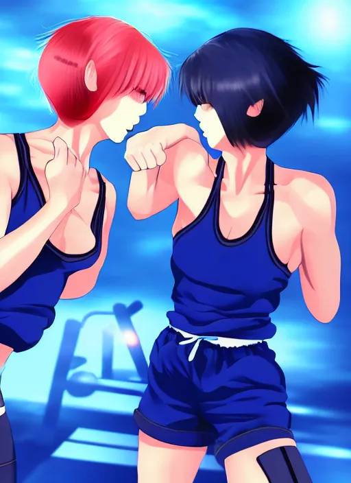 Image similar to two beautiful identical female fighters with short hair facing each other in gym, blue shorts, dim lighting, gorgeous features, high resolution, smooth anime art