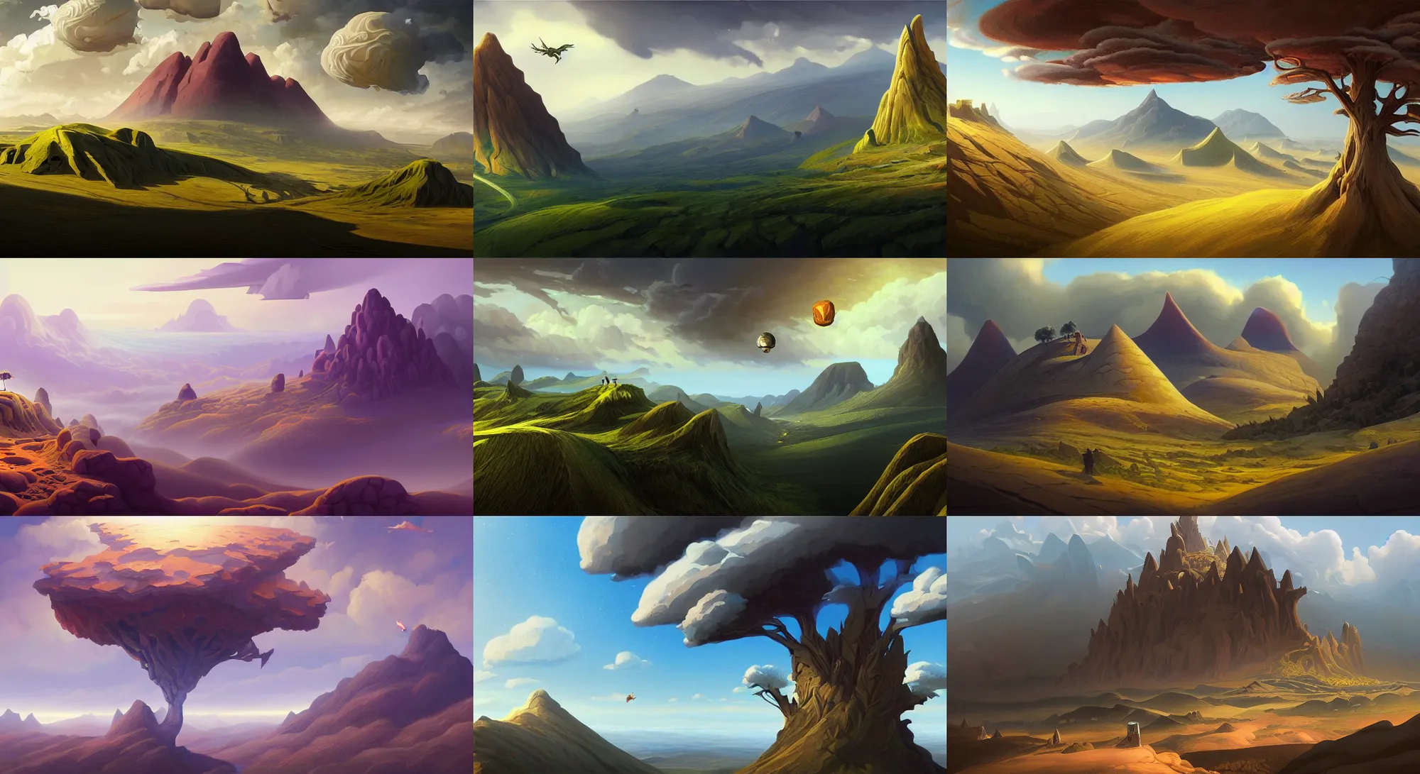 Prompt: surrealistic landscape with flying mountain without people, trees, top of the hill, above low layered clouds, deep focus, fantasy, intricate, elegant, highly detailed, digital painting, artstation, concept art, matte, sharp focus, illustration, hearthstone, art by rhads and artgerm and greg rutkowski and alphonse mucha.