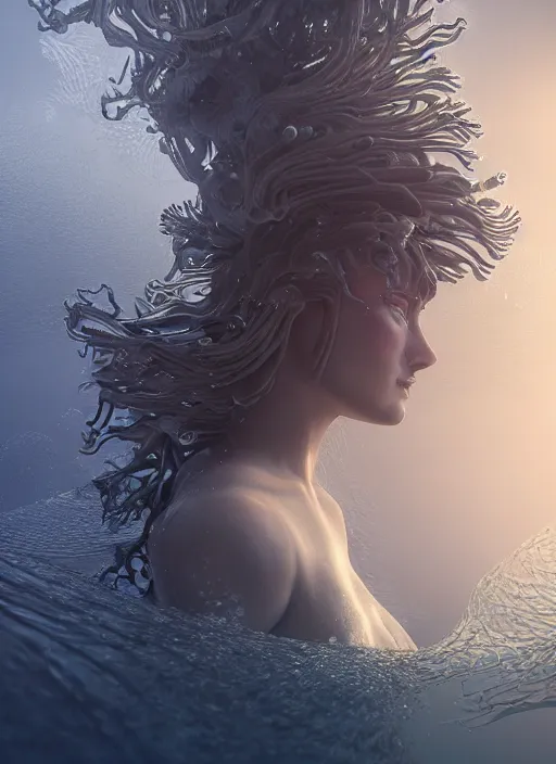 Image similar to beauteous underwater biomechanical incredible hair, crystalline masterpiece incrustations, hyperdetailed face, elegant pose, movie still, intricate, octane render, cinematic forest lighting, cgsociety, unreal engine, crepuscular rays, god rays, caustic lighting