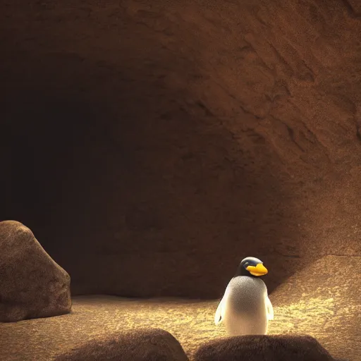 Prompt: lonely penguin playing in a cave, abandoned by its herd, cinematic lighting, 4k painting