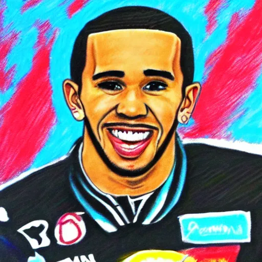 Image similar to a badly drawn picture of lewis hamilton, caricature!!!, funny, crayon art, bad, beginner art