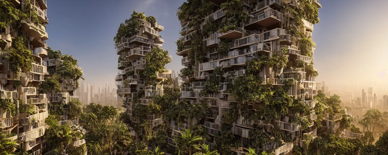 Image similar to contemporary golden babylon tower, sacred ancient architecture, hanging gardens, cascading highrise, arid mountains with lush palm forest, sunlight, post - production, octane, cgi, sfx