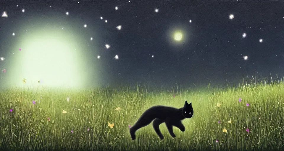 Image similar to black cat walking around in an open field at night with fireflies in the air and lots of stars in the sky, digital painting, highly detailed, magical, trending on artstation