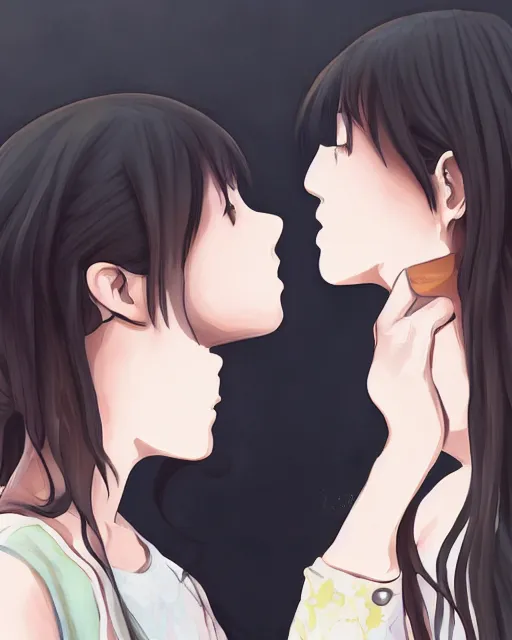 portrait of two girls kissing, anime, trending on, Stable Diffusion