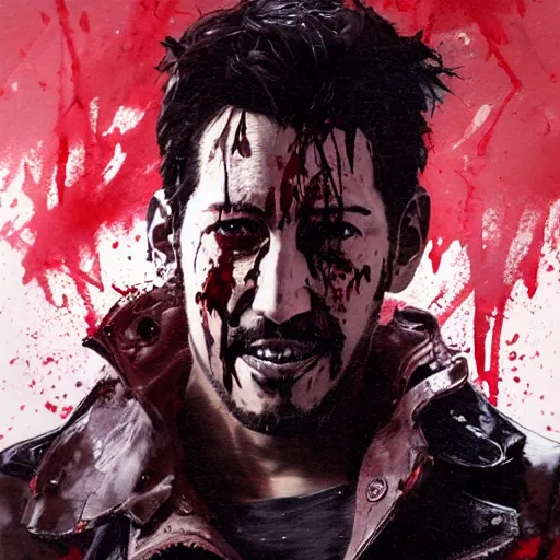 Image similar to portrait of markiplier with an angry expression, blood covering his face, wearing a leather jacket, dramatic lighting, illustration by Greg rutkowski, yoji shinkawa, 4k, digital art, concept art, trending on artstation