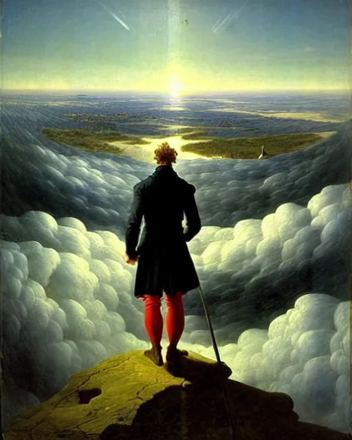 Prompt: the wanderer above the sea of clouds, by caspar david friedrich, 1 8 1 8, oil on canvas, 7 4. 8 x 9 4. 8, hamburg kunstalle, german romanticism