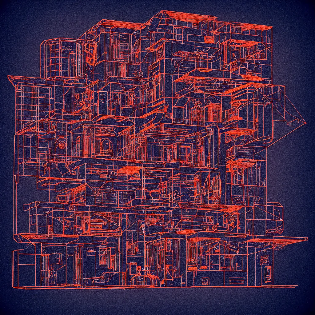 Prompt: time machine blueprint by, mads berg, karolis strautniekas, film noir, stippled light, dramatic lighting, editorial illustration, detailed, fine texture, matte print, art deco, brutalism, dark blue + dark orange, red, black, ( ( habitat 6 7 background ) )