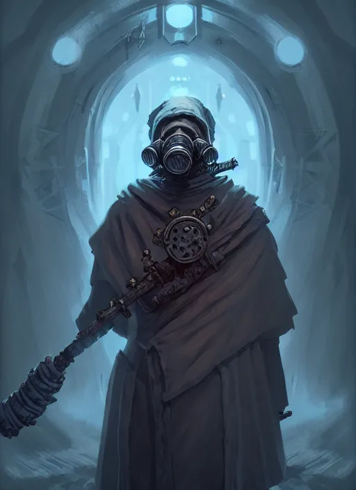 Prompt: concept art illustration of the old necromancer, wearing a wizard cloak, gas mask, in the style of angelarium, hyper detailed, intricate, complex, 8 k, crisp,