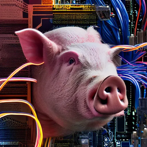 Image similar to a portrait photograph of a big aggressive male cyberpunk pig, circuit boards, motherboard, mainboard, wires, cable management, electrical wires, activity lights, cyberpunk, artstation, detail, hyperrealistic, digital photograph, natural light canon eos c 3 0 0, ƒ 1. 8, 3 5 mm, 8 k