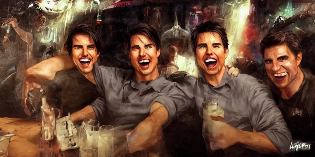 Image similar to hyper realistic tom cruise hanging out with tom cruise at a bar, all overly excited, jaw unhinged with laughter and smiling, all teeth, kinda disturbing but really funny, tom has evil eyes, like super evil looking, by greg rutkowski, scott m fischer, artgerm, loish, slight glow, atmospheric, anne stokes, alexandros pyromallis