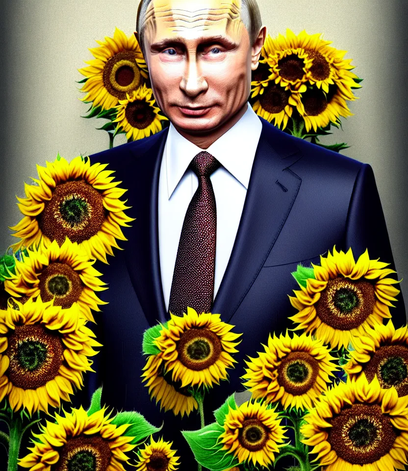 Image similar to photo portrait of Vladimir Putin - sunflowers - dressed in leisure suit with sunflower pattern and tombstone for a tie, natural skin tone, highly detailed realistic flowers ornament on suit, facial wrinkles and brows are intricate with highly detailed realistic flowers, elegant, Realistic, Refined, Highly Detailed, natural soft pastel lighting colors scheme, fine art photography by Cecil Beaton, volumetric lighting, hyper realistic photography