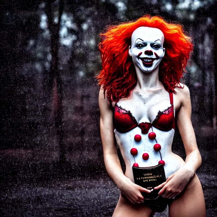 Prompt: fully body pose, photo of a very beautiful!! victoria secret model, pennywise, wet hair, raining, 8 k, hdr, smooth, sharp focus, high resolution, award - winning photo, trending on artstation, dslr, 5 0 mm