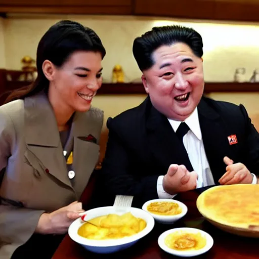Prompt: happy kim jon - un eating spanish potato omelette