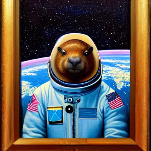 Image similar to beautiful detailed and adorable portrait of a capybara astronaut in a spacesuit by casey weldon by mark ryden by thomas blackshear, super cute, new contemporary, pop surrealism, oil painting